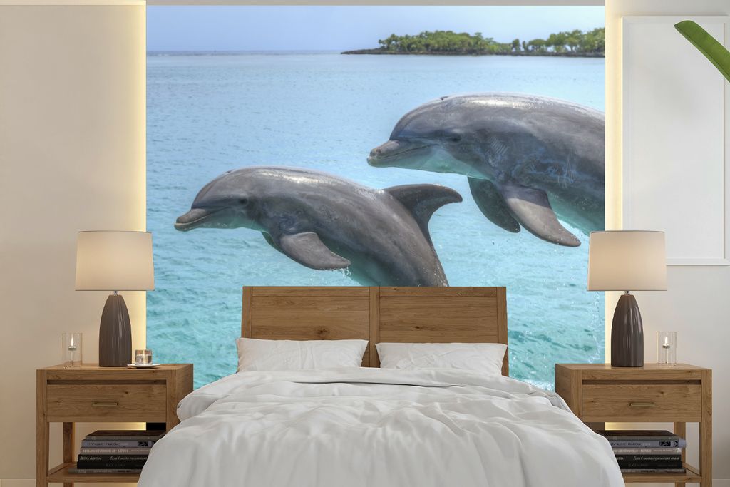 MuchoWow Fototapete für Wohnzimmer oder Schlafzimmer Wandtapete Vinyl Motivtapete Delfine vor den Bay Islands - 300x300 cm - Wanddekoration