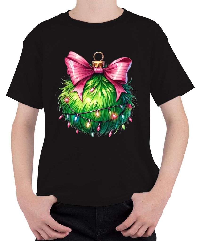 Flauschige Weihnachtskugel rosa Schleife Lichterkette Weihnachten Uni Kinder T-Shirt, Schwarz, 128