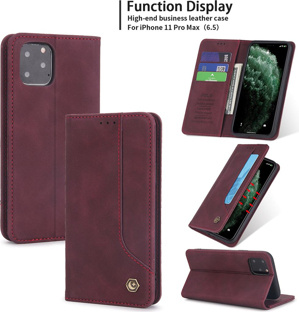 iPhone 11 Pro Max Hülle, LaimTop Retro Kunstledertasche Schutzhülle mit Kartenfach Standfunktion für iPhone 11 Pro Max Rot