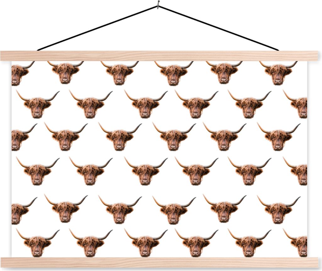 MuchoWow Textilposter Tiere - Vorlage - Schottisches Hochlandrind 120x80 cm mit holzfarbenen Rahmen - Aufhängeset
