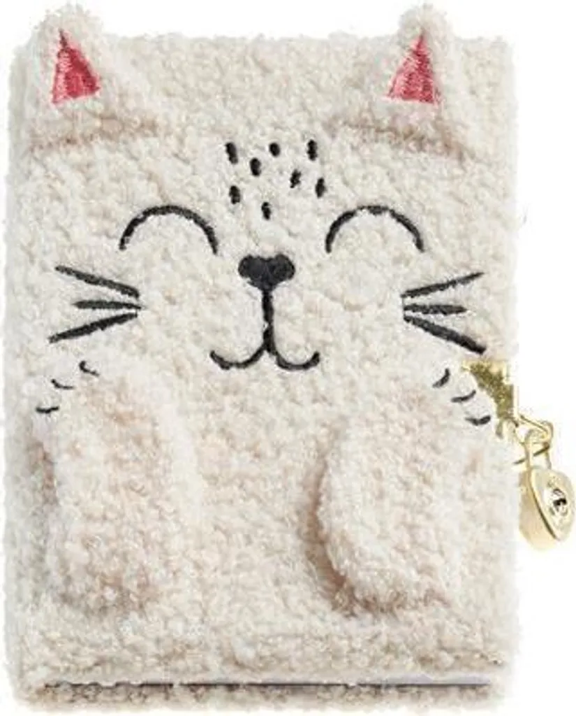Carnet de notes peluche chat beige et cadenas pour secrets enfants