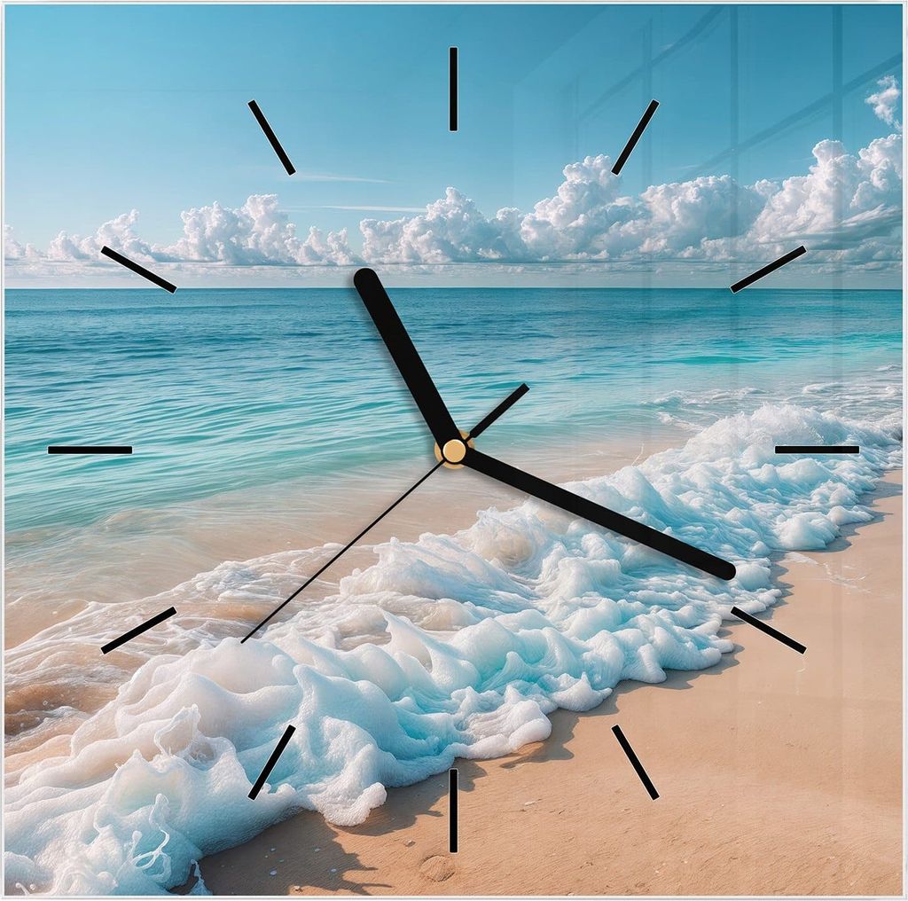 Wanduhr aus Glas mit Motiv Strand Surf Wellen- 30 x 30 cm - inkl. Aufhängesystem