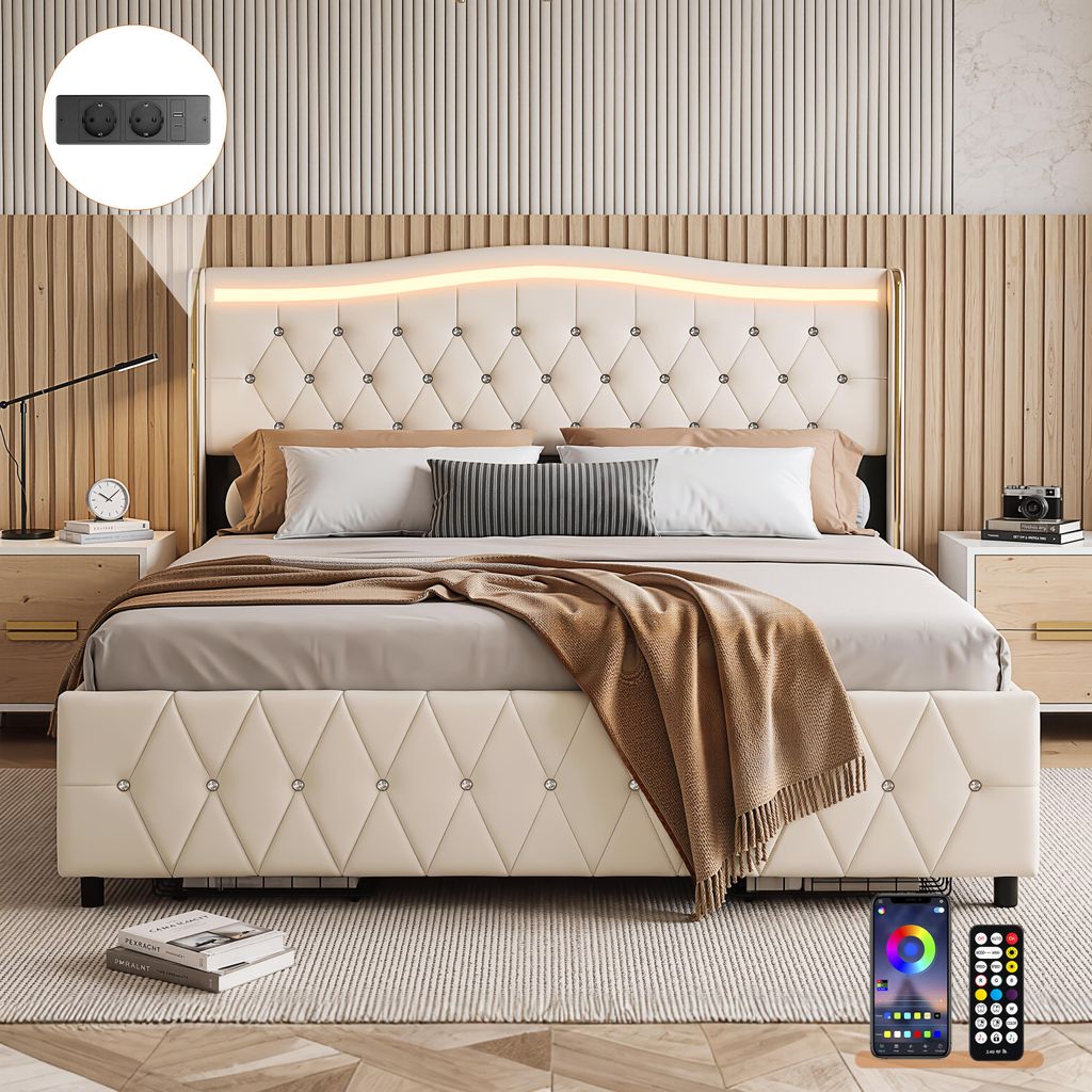 OYAJIA Polsterbett 90x200cm mit LED, Doppelbett mit 2 Produktbild 