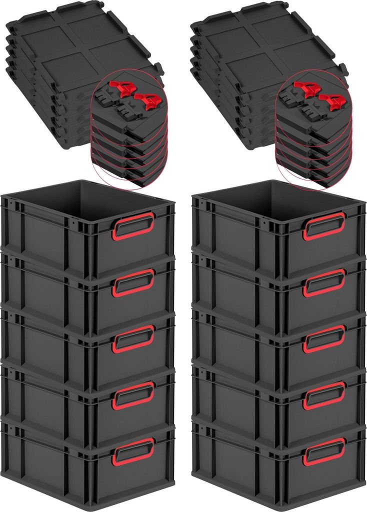 SuperSparSet 10x Eurobox NextGen Color mit Scharnierdeckel und Schiebeschnappverschlüssen | HxBxT 17x30x40cm | 16 Liter | Schwarz | Griffe rot ges...