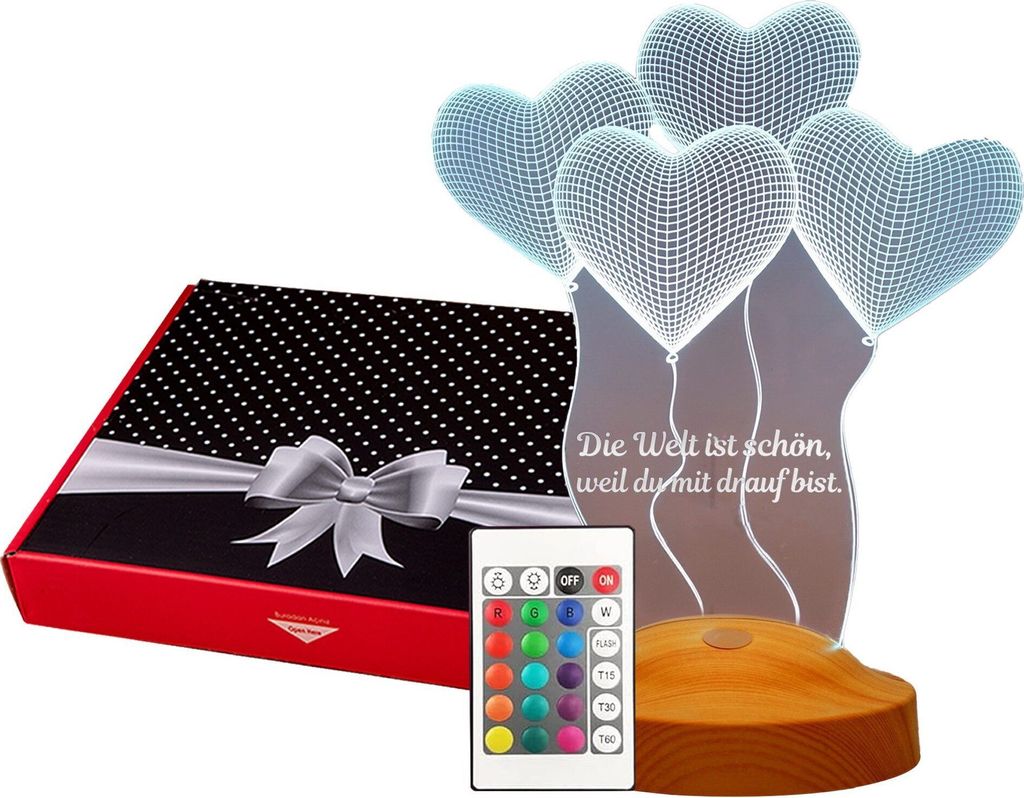 GESCHENKELAMPE LED Nachttischlampe Vier Herzen Hochzeit 3D Produktbild 