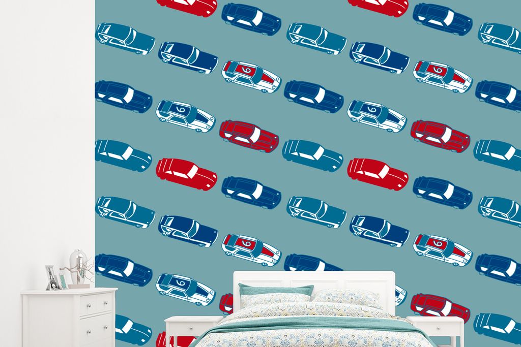 MuchoWow Fototapete für Wohnzimmer oder Schlafzimmer Wandtapete Vinyl Motivtapete Muster - Auto - Rennen - Jungen - Kinder - Kind - 265x240 cm -...
