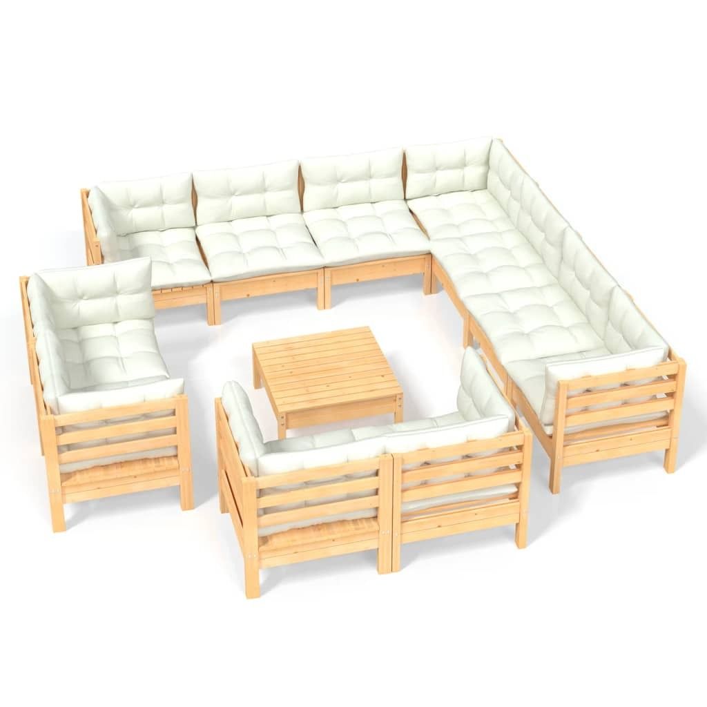 vidaXL 12-tlg. Garten-Lounge-Set mit Creme Kissen Massivholz Kiefer