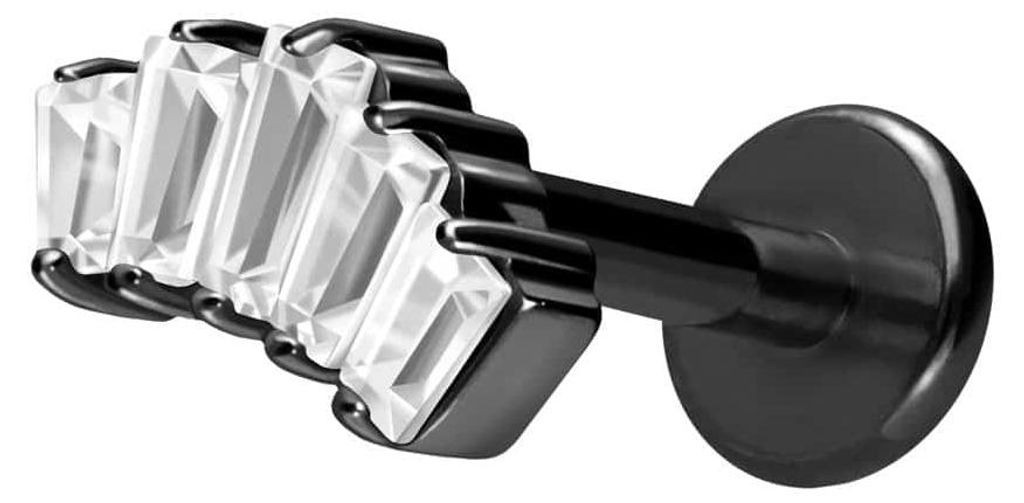 Ohrpiercing, Nasenpiercing Titan Labret mit Innengewinde 5 EINGEFASSTE KRISTALLRECHTECKE Schwarz Stablänge: 10mm | Stabstärke: 1,6mm