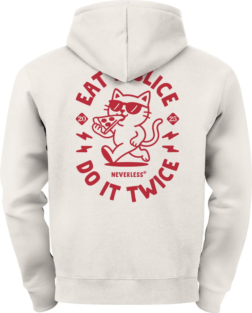 Herren Hoodie Backprint Eat Pizza Cat | Lustiger Kapuzenpullover Katze Pizza Fun Fashion Streetwear Neverless