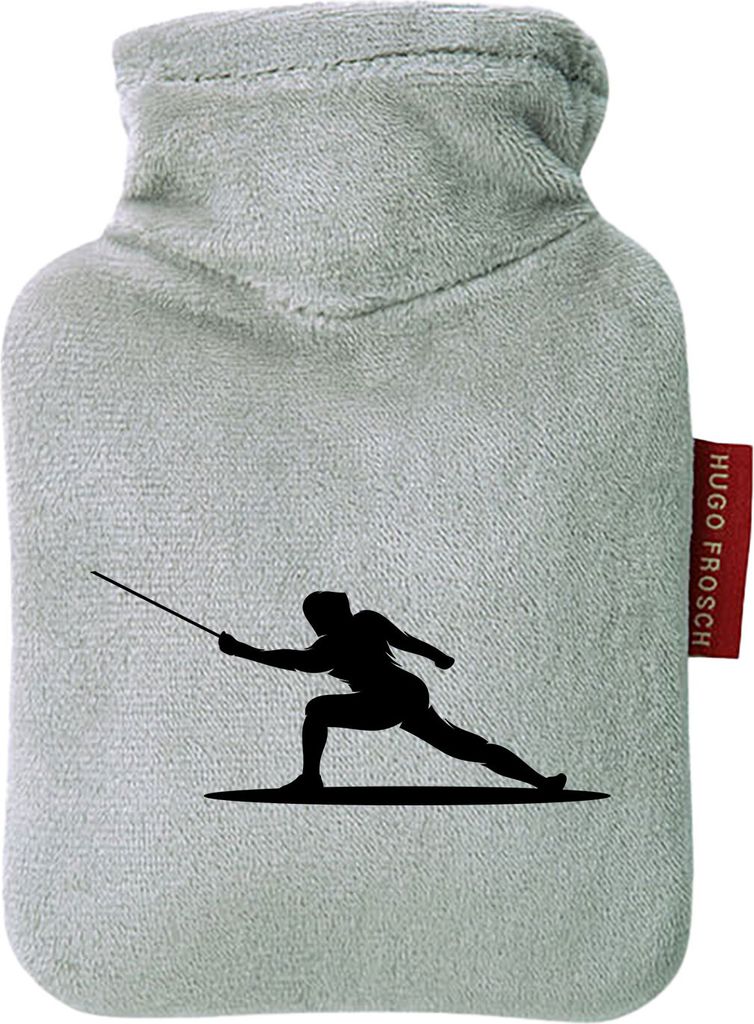 Huuraa Mini-Wärmflasche Fechten Silhouette 0,2 Liter Grey Mini Veloursbezug Taschenwärmer Geschenkidee