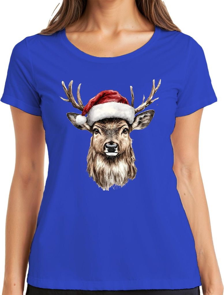 Weihnachten Rentier Santa Hut Geschenk Aquarell Vintage Damen T-Shirt, Blau, XXL