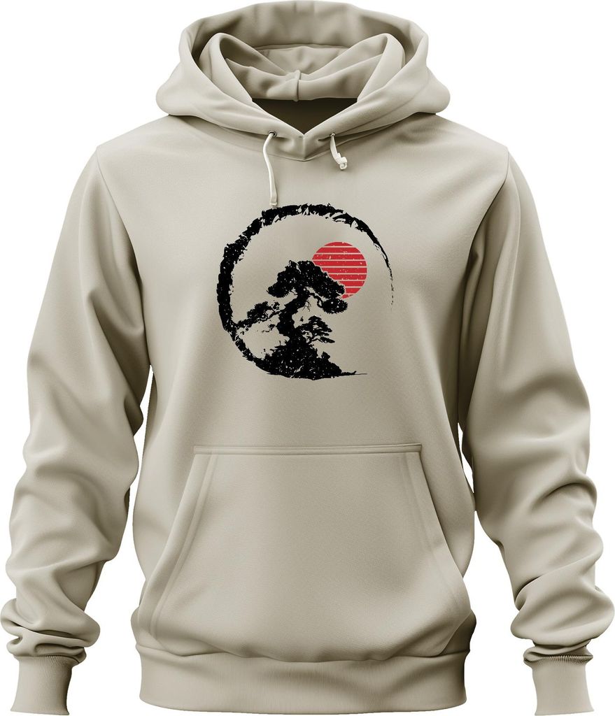 Bonsai Baum Zen Japan Enso Kreis Rote Sonne Vintage Retro Grunge Uni Hoodie Kapuzenpullover, Natur, L