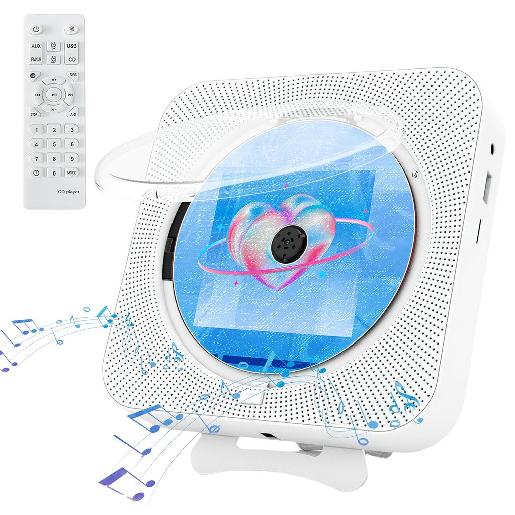 AIORBER Multifunktionaler Bluetooth CD Player mit Display, Wandmontage & Tischständer, USB, FM, Kopfhöreranschluss, Timer, Weiß