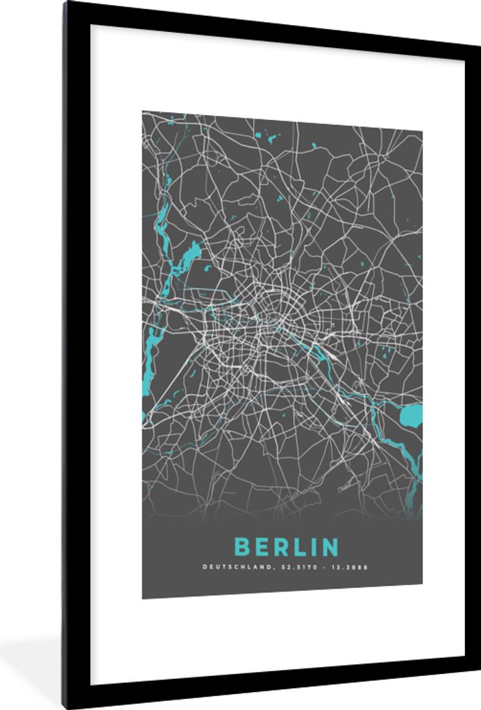 MuchoWow Gerahmtes Poster Deutschland - Blau - Berlin - Stadtplan - Karte 60x90 cm - Poster mit Schwarzem Bilderrahmen Wandposter Rahmen Foto Bil...