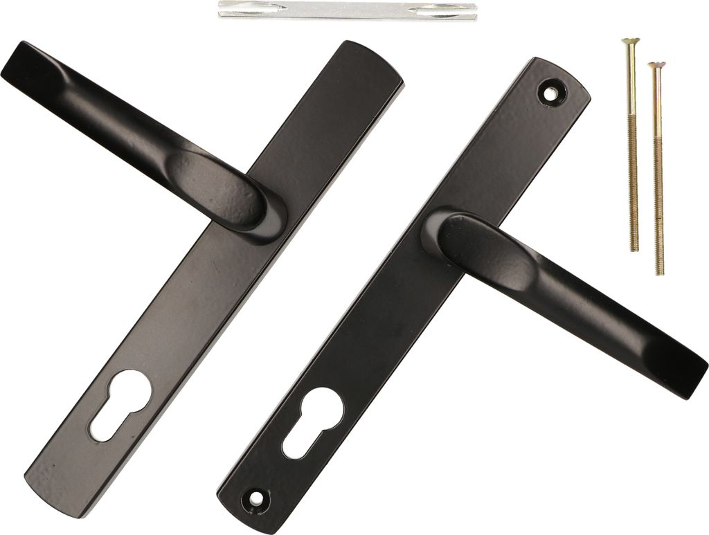 A pair of black door handles with long backplates and two screws on a white background.