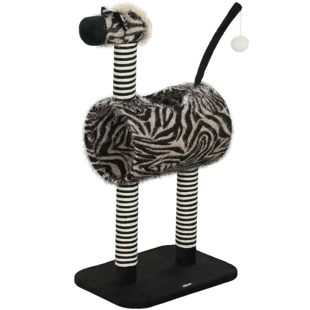 Kratzbaum Zebra-Design mit Katzentunnel Ø25 cm, Katzenbaum 93 cm, Kratzstämme,48,5x35x93 cm