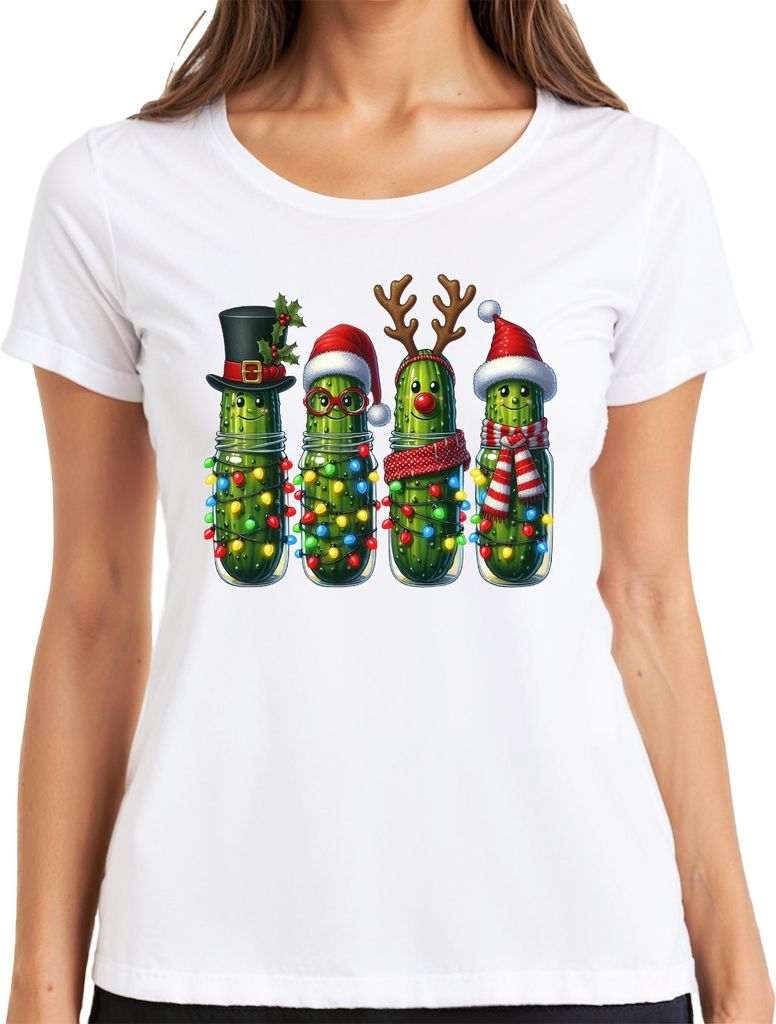 Weihnachtsgurken im Glas Lichterkette Rentier Brille Schal Lustig Damen T-Shirt, Weiß, XXL