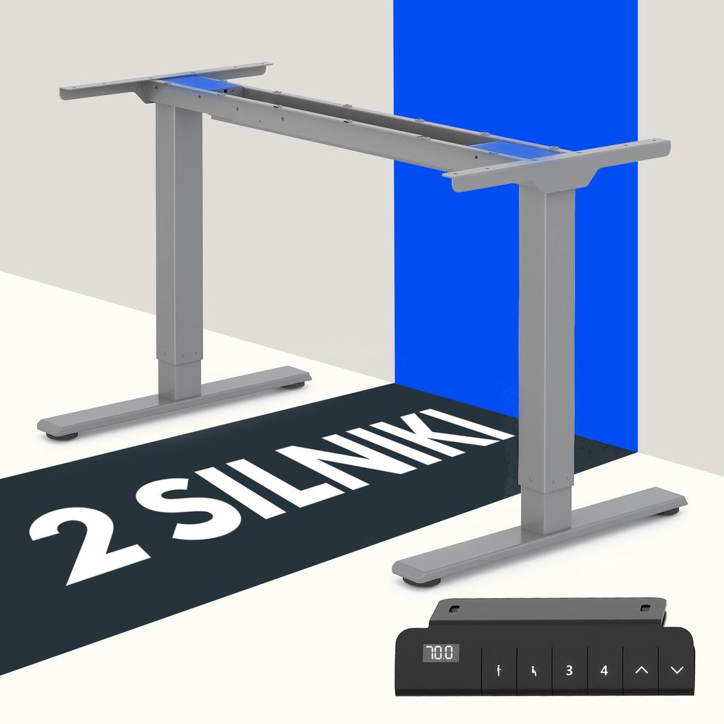 A grey standing desk frame with a control panel on a white and blue background with text '2 SILNIKI'.
