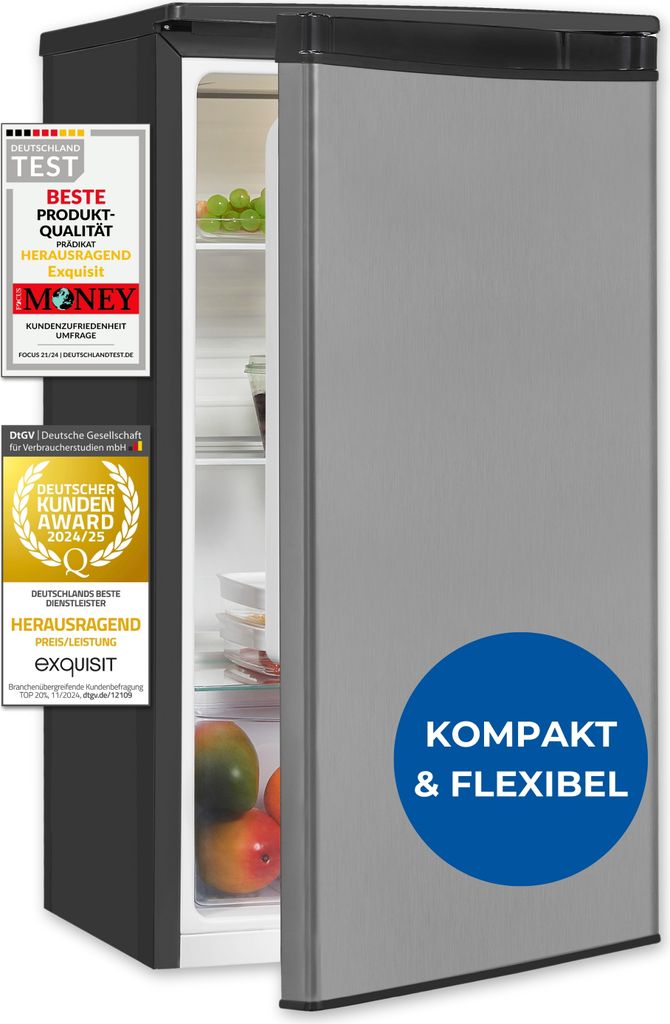 Exquisit Vollraumkühlschrank KS585-V-090E inoxlook | Nutzinhalt: 75 L | LED-Beleuchtung | Glasablagen | Ohne Gefrierfach