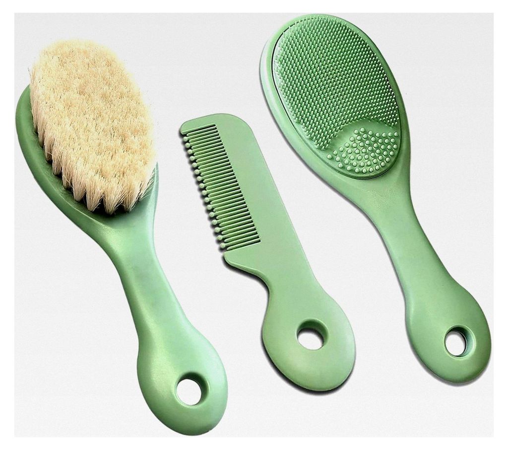 3-teiliges Set aus Baby Haarbürste und Kamm für Neugeborene und Kleinkinder - Weiche Ziegenhaarbürste, Silikon-Badbürste und Babykamm - Ideales...
