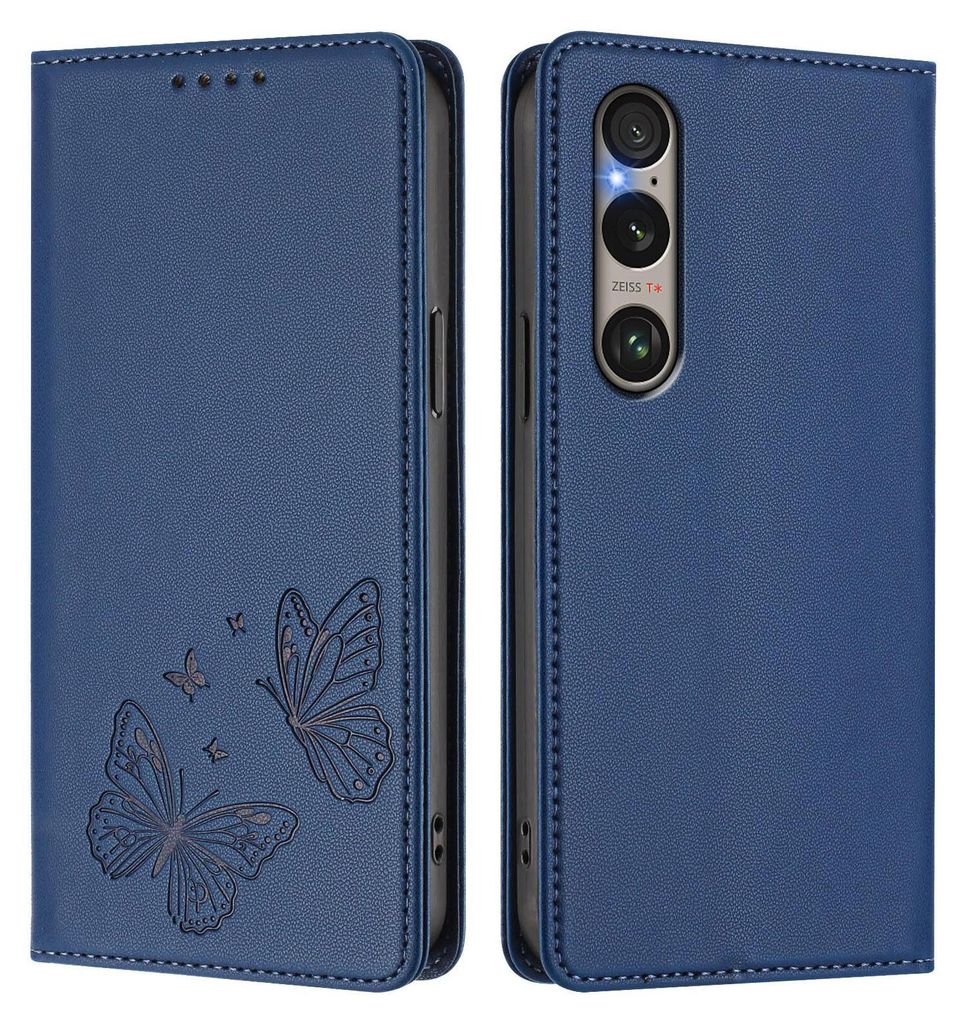Lederhülle für Sony Xperia 1 VI, Schmetterling Prägung Leder Brieftasche Schutzhülle mit Ständer Dunkelblau