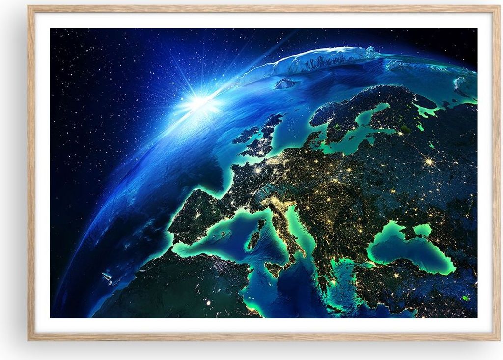 Gerahmtes Poster - Rahmen in heller Eiche - Nacht raum welt ansicht - 100x70 cm - Wand Bild - Wanddeko - Wandbilder - Wandposter - Bilderrahmen - B...