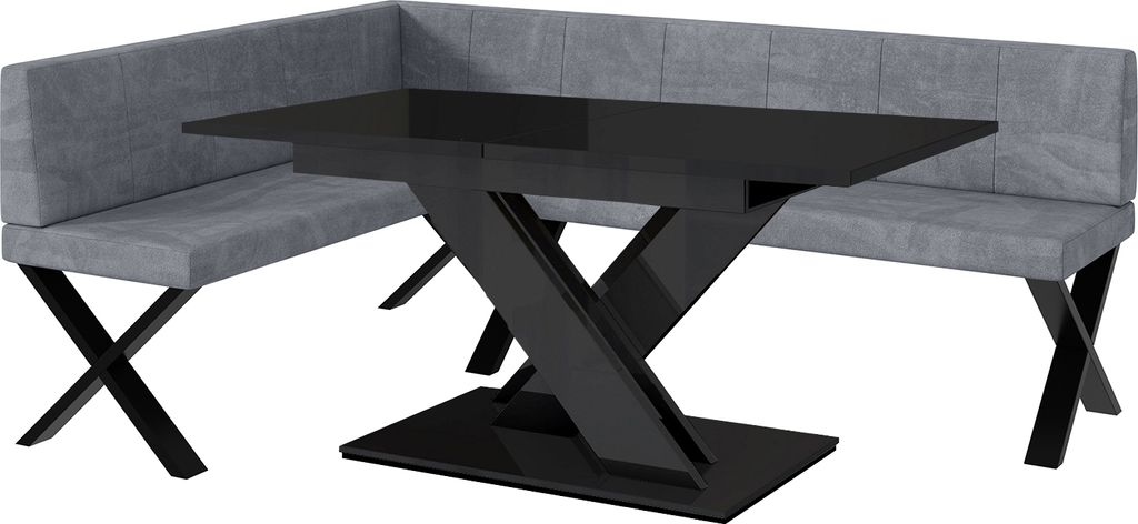 MEBLINI Eckbank für Esszimmer mit ausziehbarem Tisch - Küchenbank - Essecke - Sitzecke Küche - PETER - X-Beine 142x196x87cm Links - Grau Samt/B ...