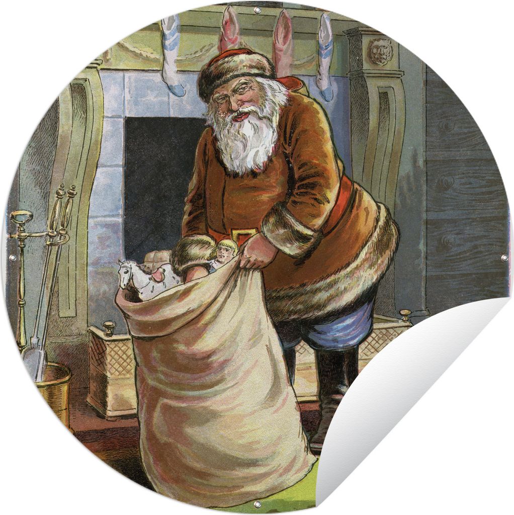 MuchoWow Gartenposter Outdoor-Poster Rund Weihnachtsmann - Weihnachtsgeschenk - Vintage Ø 150 cm Gartendeko Rundes Poster draußen