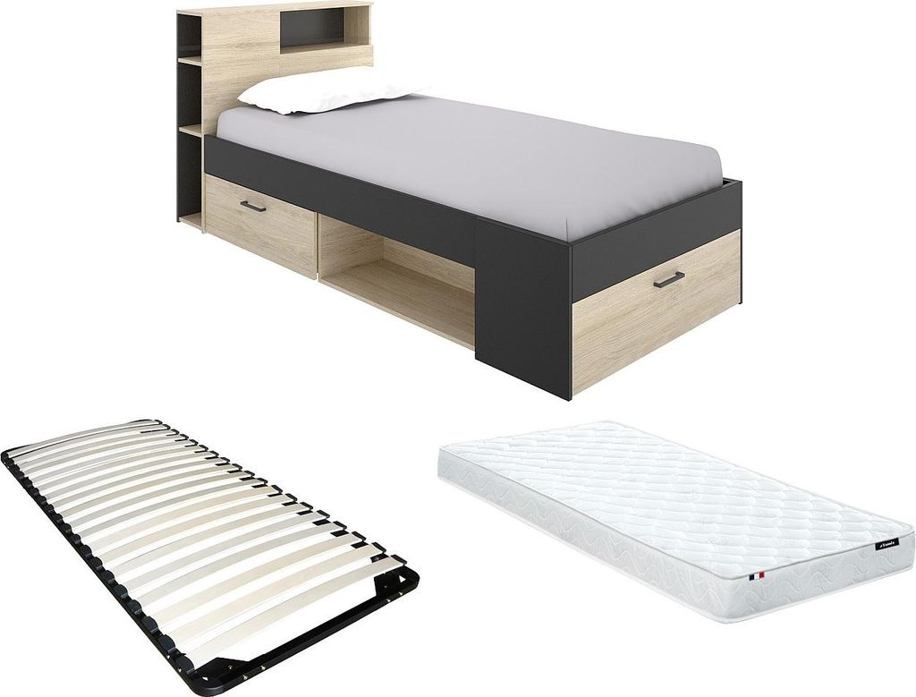 Bett mit Kopfteil, mit Kommode und Schublade - 90 × 190 cm - Anthrazit und Natur + Matratze + Rahmen - LEANDRE