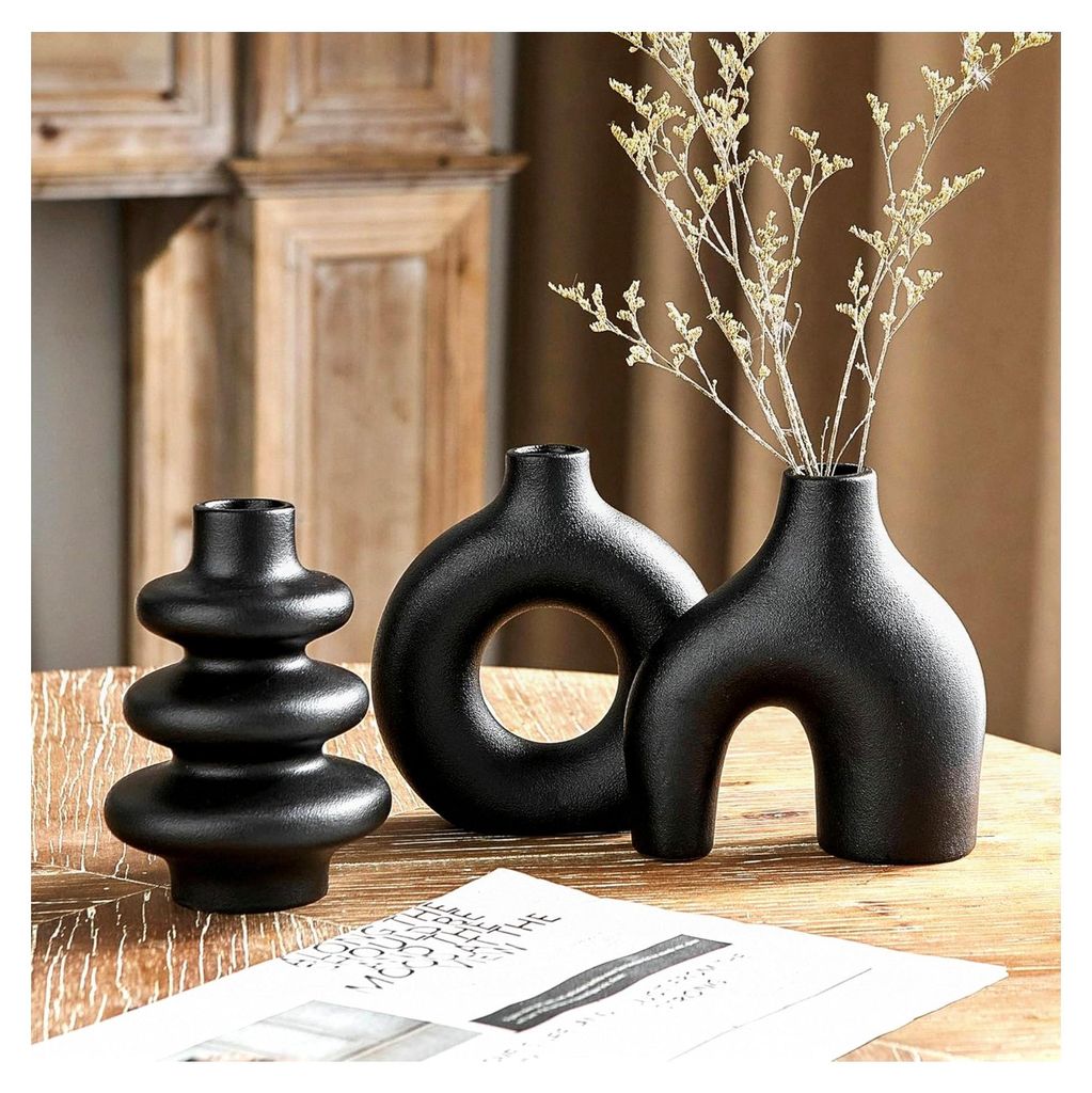Schwarzes Keramikvasen-Set aus 3, kleine Vasen für Pampasgras-Dekoration, moderne Blumenvase, runde matte schwarze Vasen für Hochzeiten, Wohnzimm...