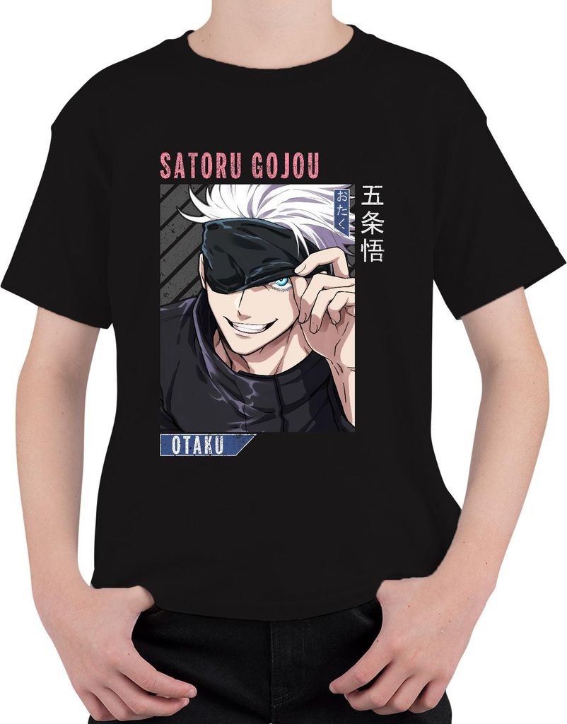 Satoru Gojou Jujutsu Kaisen Anime Otaku Augenbinde weiße Haare Uni Kinder T-Shirt, Schwarz, 140