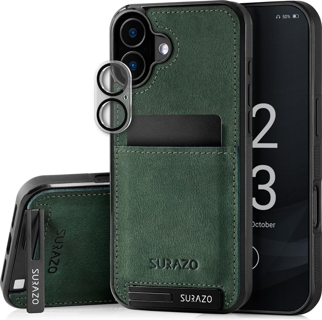 SURAZO Echtleder Back Case für Apple iPhone 16 Plus Hülle Stoßfestes Leder Handyhülle Cover [Kameraschutz Glas, Kartenfach, Standfunktion,