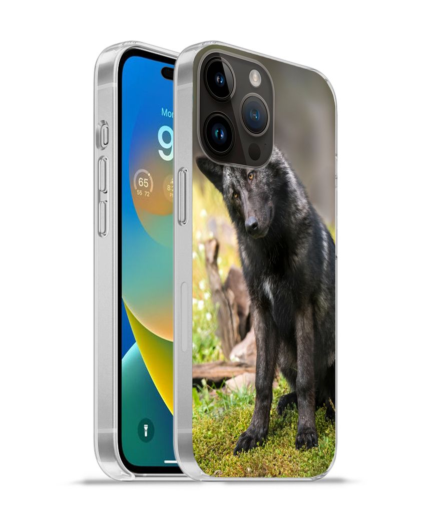 MuchoWow Handyhülle Schutzhülle Hülle für Apple iPhone 14 Pro - Softcase Wolf - Schwarz - Gras Silikon Softcase Handy Hülle - Umschlag