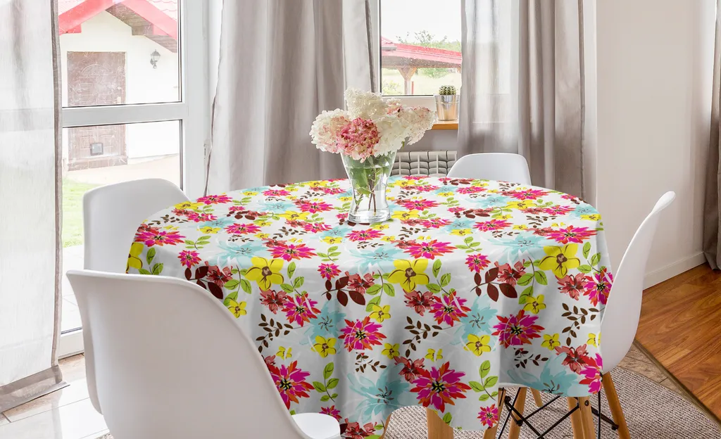 Tovaglia Rotonda 150 cm ABAKUHAUS Motivo Floreale Giallo Multicolore