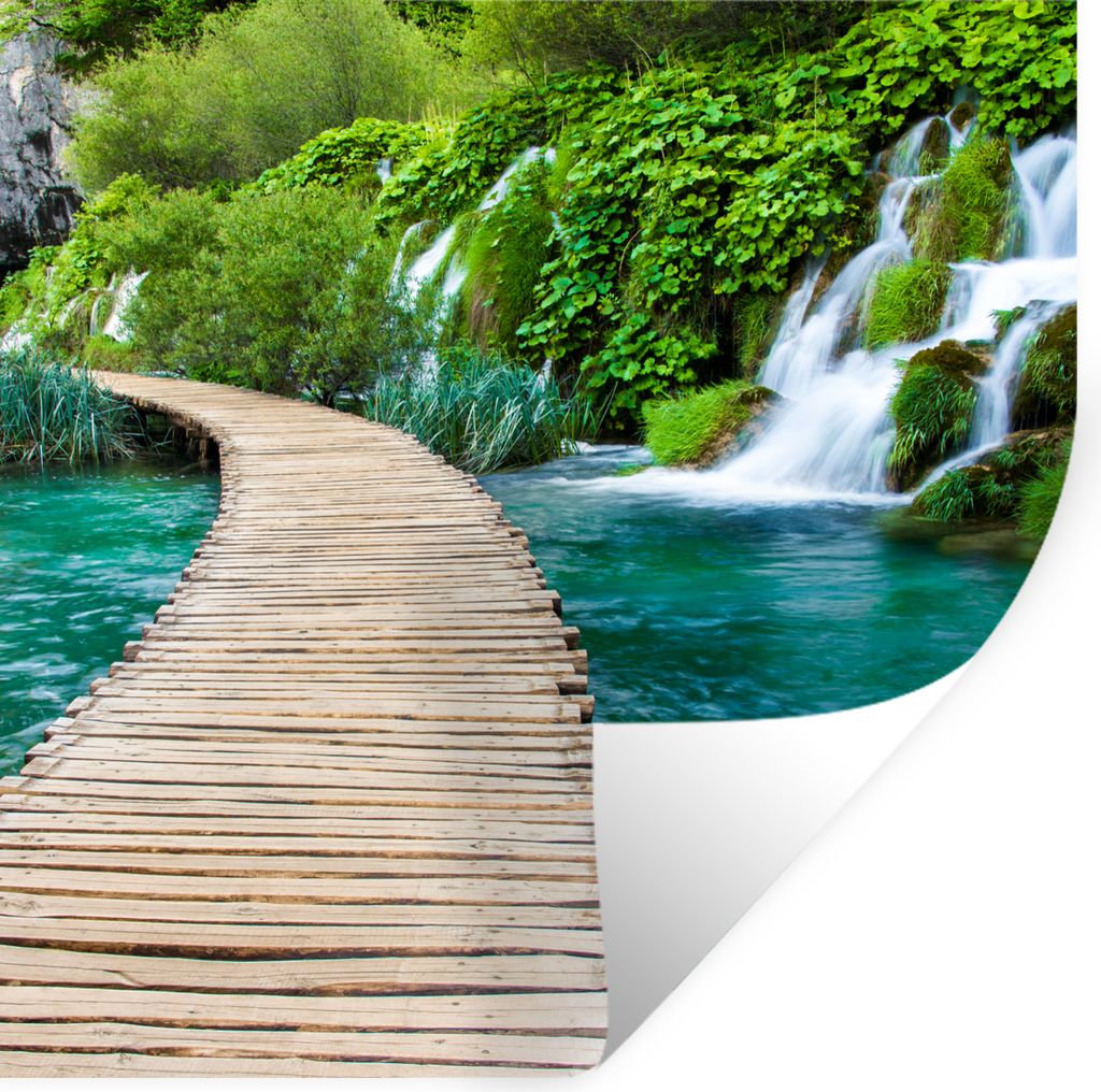 MuchoWow Wandtattoo Wandsticker Wandaufkleber Brücke - Wasser - Pflanzen - Wasserfall - Grün 100x100 cm Selbstklebend und Repositionierbar - Wi...