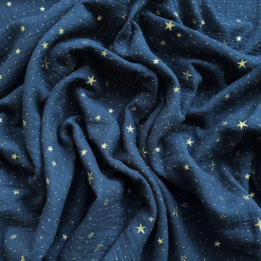 Musselin double gauze dunkel navy (Dark Navy) mit goldenen Sternen