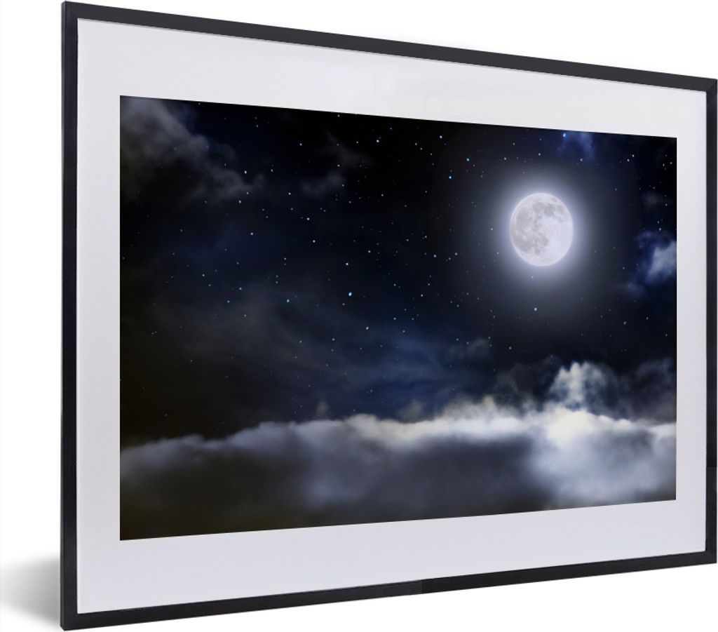 MuchoWow MuchoWow Gerahmtes Poster Mond - Sterne - Wolken 40x30 cm - Poster mit zchwarzem Bilderrahmen - Bilderrahmen - Poster im Rahmen