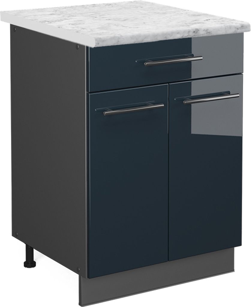 Küchenunterschrank Vicco Fame-Line Dunkelblau Hochglanz 60 cm mit Schublade, AP Marmor, Model 48804