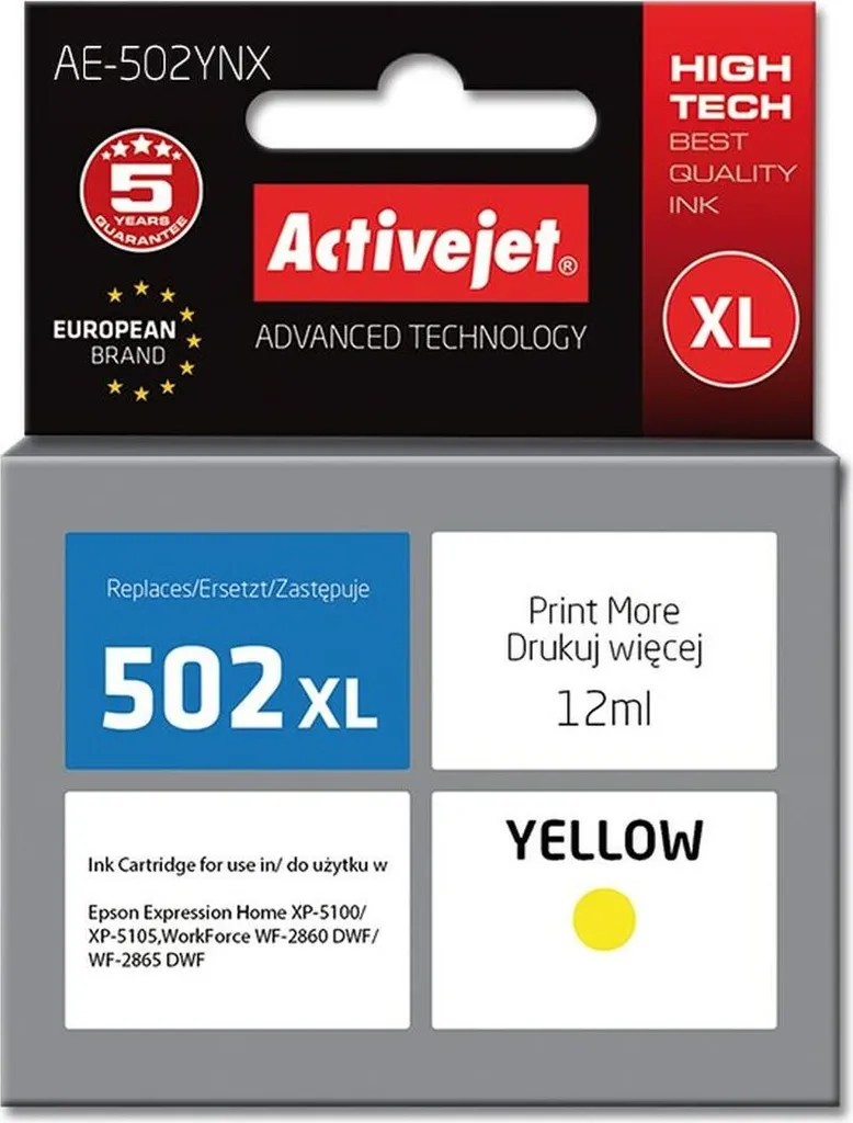 Cartouche d'encre Jaune Activejet AE-502YNX 12ml remplace Epson 502