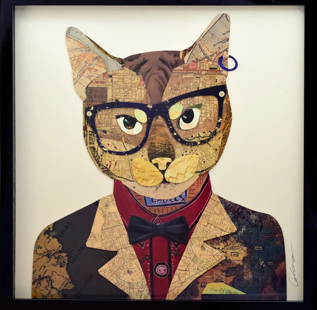 Scacchi e scacco matto 3D Collage Art Murale fatto a mano 61x61cm Gatto Occhiali Suit
