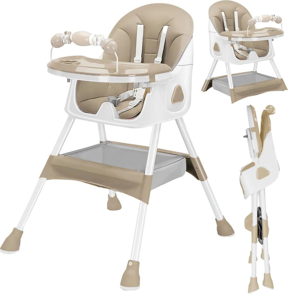 Baby Hochstuhl 3‐in‐1 - Hochstuhl & Sitzerhöhung - Klappbar & Tragbar - Doppeltes Tablett - Spielbügel - Metallrahmen - 1–2 Jahre - Dunkelk...