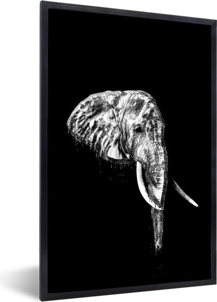MuchoWow Gerahmtes Poster Illustration Elefant vor schwarzem Hintergrund - schwarz und weiß 40x60 cm - Poster mit Schwarzem Bilderrahmen Wandpos...