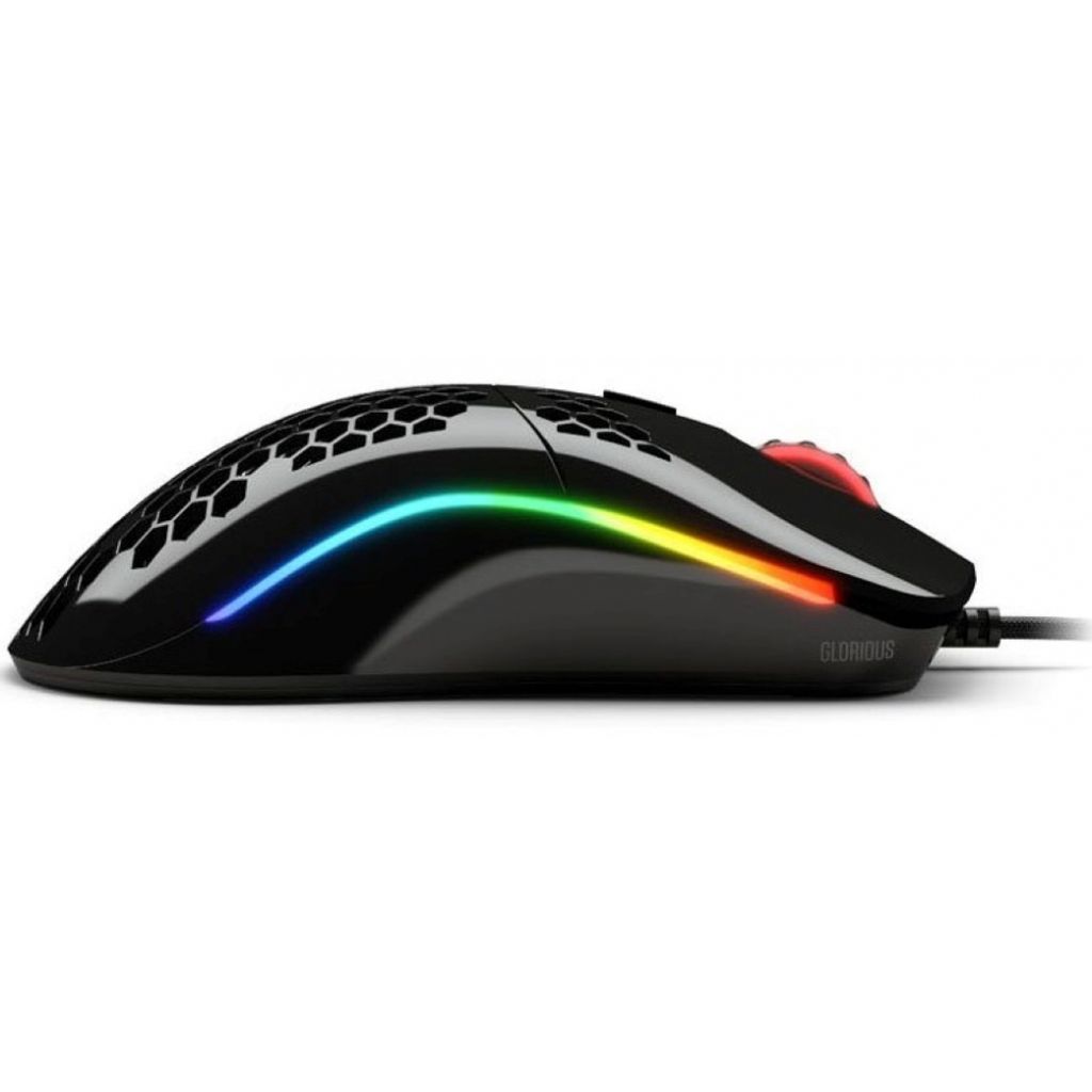 A side view of a black gaming mouse with RGB lighting.