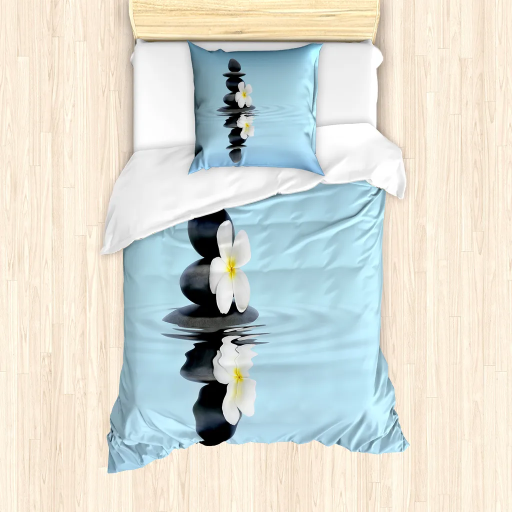 Parure de lit simple 135x200 cm imprimée Spa et Pierres, bleu gris foncé