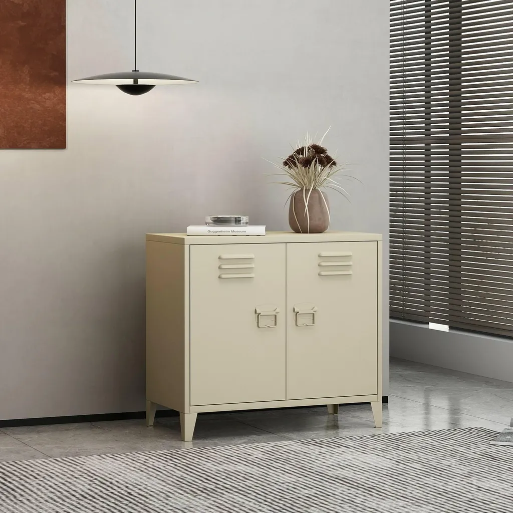 Buffet compact Blanc Crème 80x40x73h cm, structure robuste avec étagère