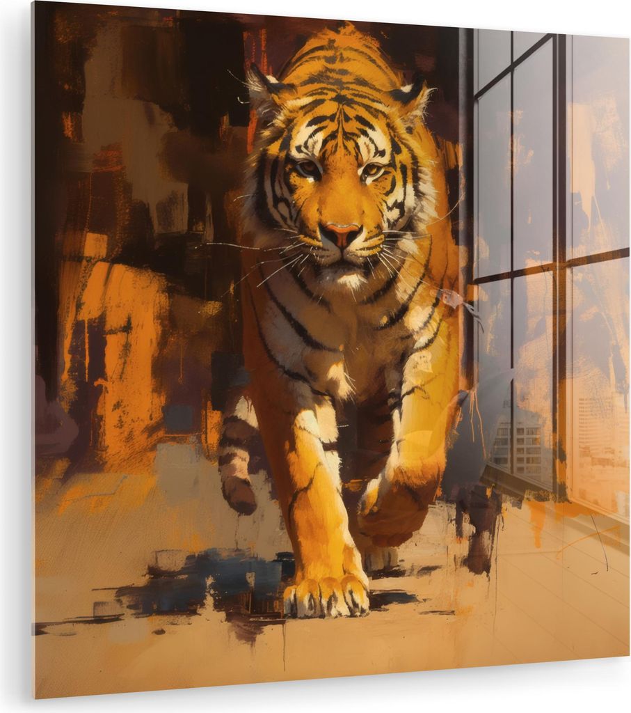 MuchoWow Glasbilder - Bilder auf Wandbild - Foto auf Glas Tiger - Gemalt - Orange - Pinselstriche 90x90 cm Wanddekoration aus Glas - Acrylglasbild ...