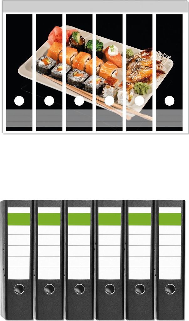 Wallario 6 Stück breite Ordner inkl. Klebeetiketten mit Motive Sushi-Menü mit Inside-Out Sushi, Nigiri und Wasabi - Set mit Rückenschildern / Or...