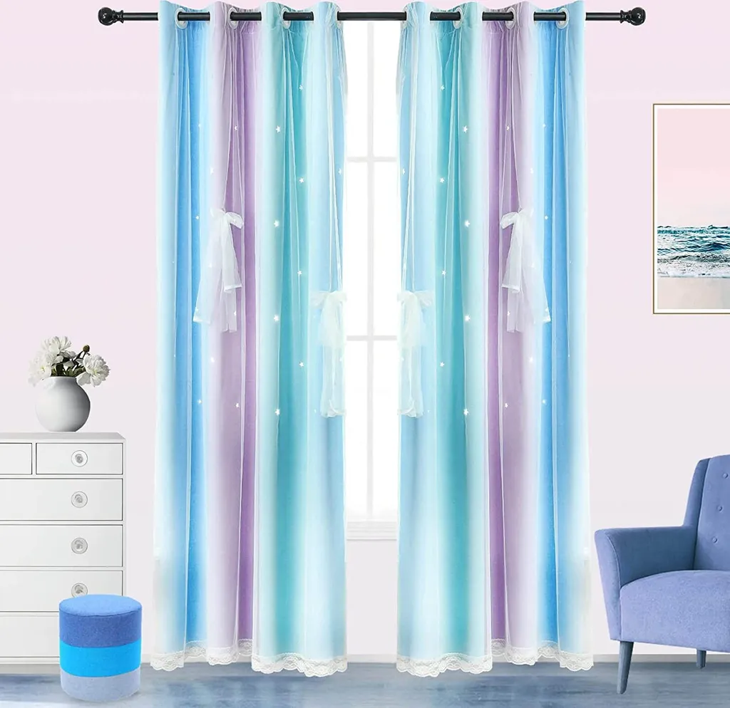 Rideaux Occultants Enfant B132xL213cm Bleu Lilas Double Couche B132