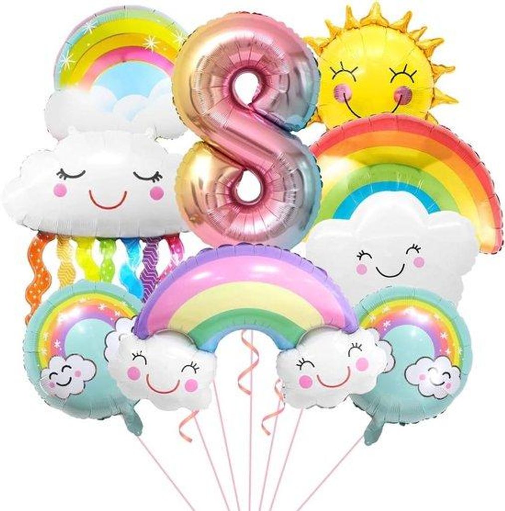 Regenbogendekoration für 8-jähriges Kinderfest mit Sonne, Wolken und Zahl 8 - farbenfrohe Dekoration mit Luftballons und Bändern