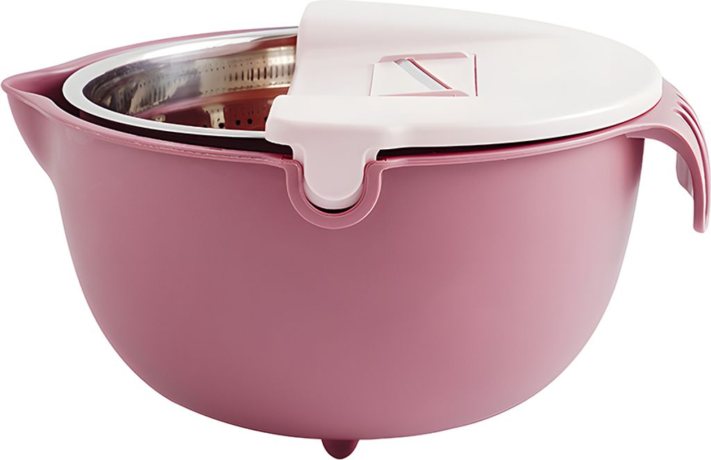 A pink and white multi-functional kitchen colander and bowl set with a stainless steel insert.